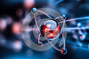 Atom with glowing electrons orbiting the nucleus. Atomic structure and scientific concepts