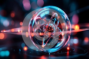 Atom with glowing electrons orbiting the nucleus. Atomic structure and scientific concepts