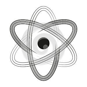 Atom icon. Atomic orbit symbol. Black nucleus shape. Science vector design.