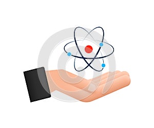 Atom icon on hand vector, atom symbols on white background.