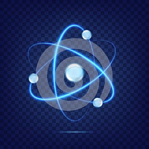 Atom icon isolated on transparent background. Fusion orbit spin. Neon light atomic neutron. Atom blue color. Nuclear atom. 3d cell