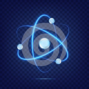 Atom icon isolated on transparent background. Fusion orbit spin. Neon light atomic neutron. Atom blue color. Nuclear atom. 3d cell photo