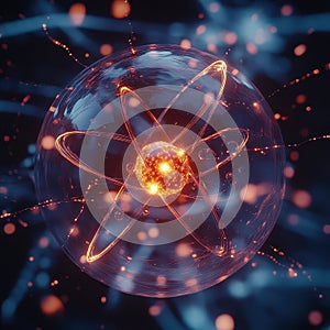 Atom Illustration with Glowing Electrons and Radiating Energy Effects