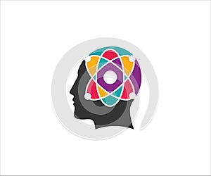 atom with its electron trajectory inside human head for science physic technology laboratory vector logo design