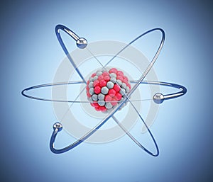 Atom model with orbital electrons isolated on blue background. 3D illustration