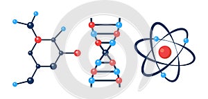 Atom, molecule of organic substance, fragment of DNA chain. Set of scientific icons. Chemical Research. Scientific experiment