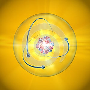 Atom with nucleus, atomic shell and orbiting electrons on a yellow background