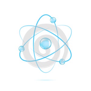 Atom orbit icon. Quantum physics. Blue color realistic molecule isolated on white background. Medical. Ion glowing structure