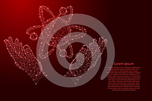 Atom with orbits electrons and two holding, protecting hands from futuristic polygonal red lines and glowing stars for banner,