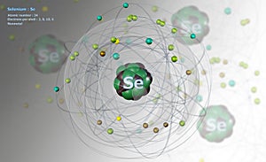 Atom of Selenium with detailed Core and its 34 Electrons on white with Atoms