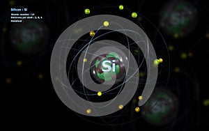 Atom of Silicon with detailed Core and its 14 Electrons with Atoms