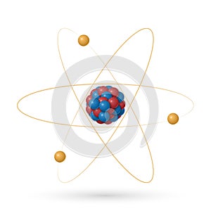 Atom structure, protons, neutrons and electrons orbiting the nucleus isolated on white background, vector