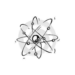 Atom surrounded by electrons. Nuclear power. Structure model sketch. Physics drawing. Education doodle icon. Outline