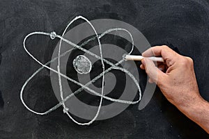 Atom symbol drawn on a blackboard photo