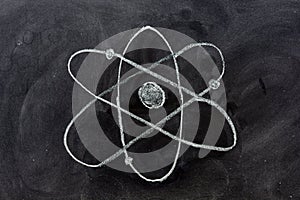 Atom symbol drawn on a blackboard photo