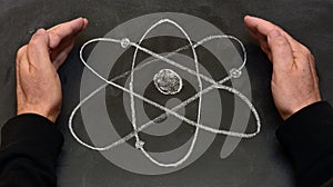 Atom symbol drawn on a blackboard photo