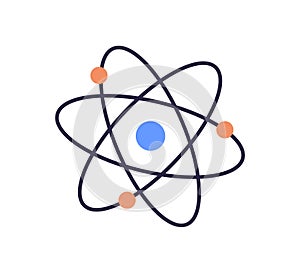 Atom symbol with nucleus and electrons on orbits. Molecular atomic model, molecule structure with particles, elements. Physics