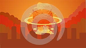 Atomic bomb explosion, Nuclear explosion bright orange fiery mushroom cloud cap in city cartoon vector.