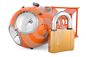 Atomic bomb, nuclear weapon with padlock. 3D rendering