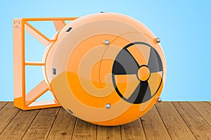 Atomic bomb on the wooden table, 3D rendering