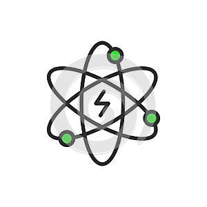 Atomic energy, in line design, green. Atomic energy, nuclear, power, reactor, uranium, fission, radiation on white photo