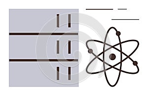 Atomic Model with Server Rack Representing Data Science and Scientific Research Concepts