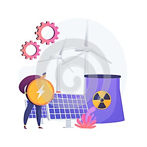 Atomic reactor, windmill and solar battery, energy production vector concept metaphor.