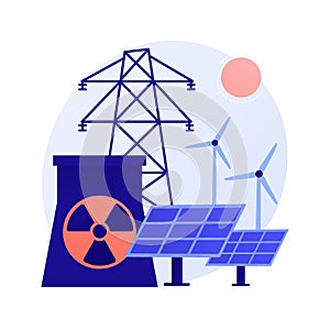 Atomic reactor, windmill and solar battery, energy production vector concept metaphor.