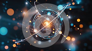 Atomic structure with glowing nucleus and orbiting electrons