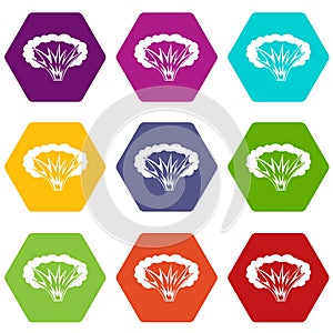 Atomical explosion icon set color hexahedron