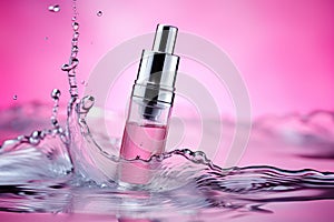 Atomizer Emerging from Rippling Pink Water - Cosmetic Concept