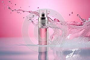 Atomizer Emerging from Rippling Pink Water - Cosmetic Concept