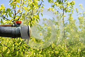 Atomizing Spray Nozzle Spraying Orchard Close Up Shot