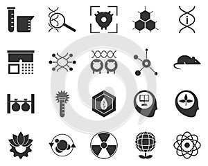 Atoms. Bioengineering glyph icons set. Biotechnology for health, researching, materials creating. Molecular biology, biomedical