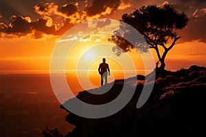 Atop a hill, silhouettes of two men embody teamworks success photo