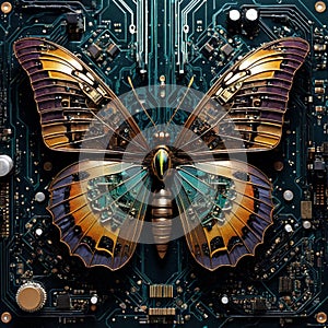 Atop a motherboard, you\'ll find a mechanical butterfly in all its intricate glory.