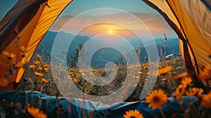 Atop a mountain, the sun sets in a breathtaking display, casting warm hues through a tent photo