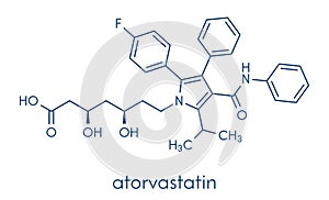 Atorvastatin cholesterol lowering drug statin class molecule. Skeletal formula. photo