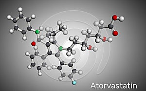 Atorvastatin, statin molecule. It is used for lowering blood cholesterol and for preventing cardiovascular diseases. Molecular