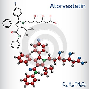 Atorvastatin, statin molecule. It is used for lowering blood cholesterol and for preventing cardiovascular diseases. Structural