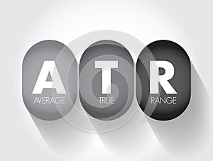 ATR Average True Range - technical analysis volatility indicator for commodities, acronym text concept background