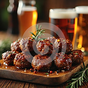 an atractive and tastefull image of meatballs portion and pint of beer together