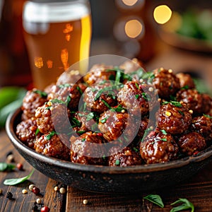 an atractive and tastefull image of meatballs portion and pint of beer together