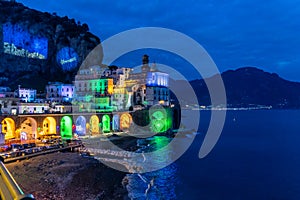 Atrani, Amalfi Coast, Italy, December 2019: Colored Christmas lights in Atrani, a small town of the Amalfi coast