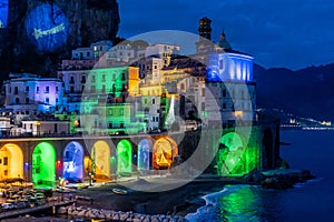 Atrani, Amalfi Coast, Italy, December 2019: Colored Christmas lights in Atrani, a small town of the Amalfi coast