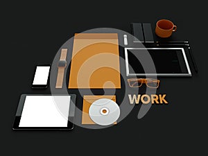 Atributes of web Designer on dark background. Top View. flat Lay. 3D rendering. High resolution.