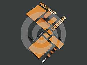 Atributes of web Designer on dark background. Top View. flat Lay. 3D rendering. High resolution.