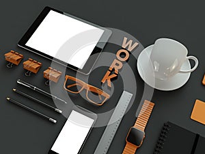 Atributes of web Designer on dark background. Top View. flat Lay. 3D rendering. High resolution.