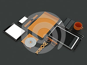 Atributes of web Designer on dark background. Top View. flat Lay. 3D rendering. High resolution.