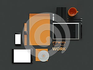 Atributes of web Designer on dark background. Top View. flat Lay. 3D rendering. High resolution.